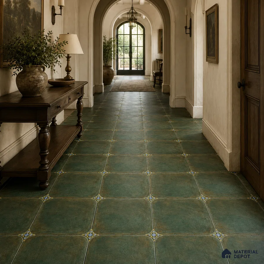 Mediterranean Foyer with Teal Green Porcelain Floor Tile